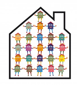 Dessin représentant une maison remplie de personnages se tenant la main et formant une pyramide