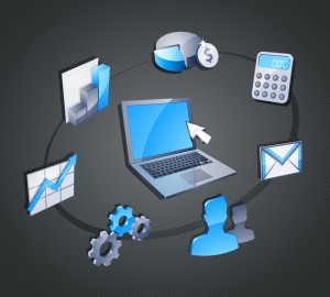 Infographie représentant un ordinateur entouré des différentes fonctionnalités du logiciel de gestion de copropriété