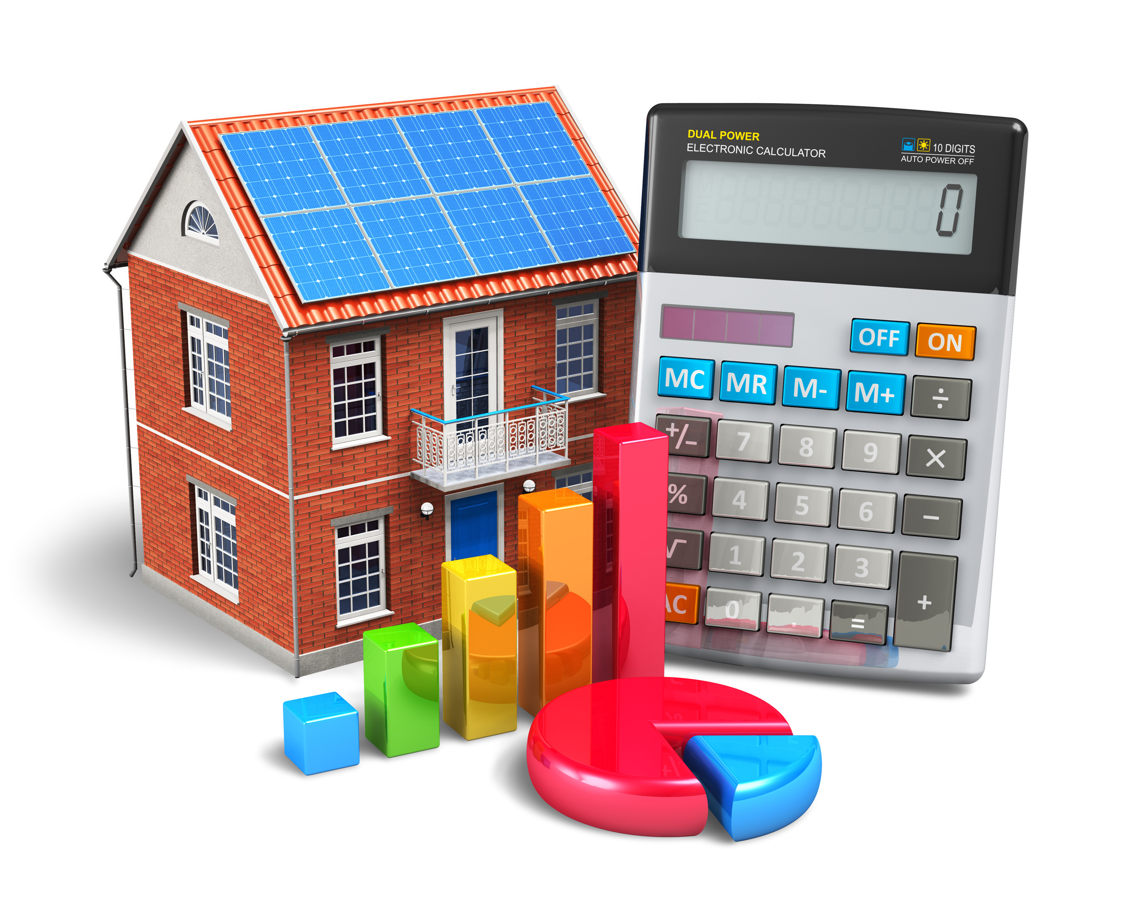 maison, calculatrice et graphique financier